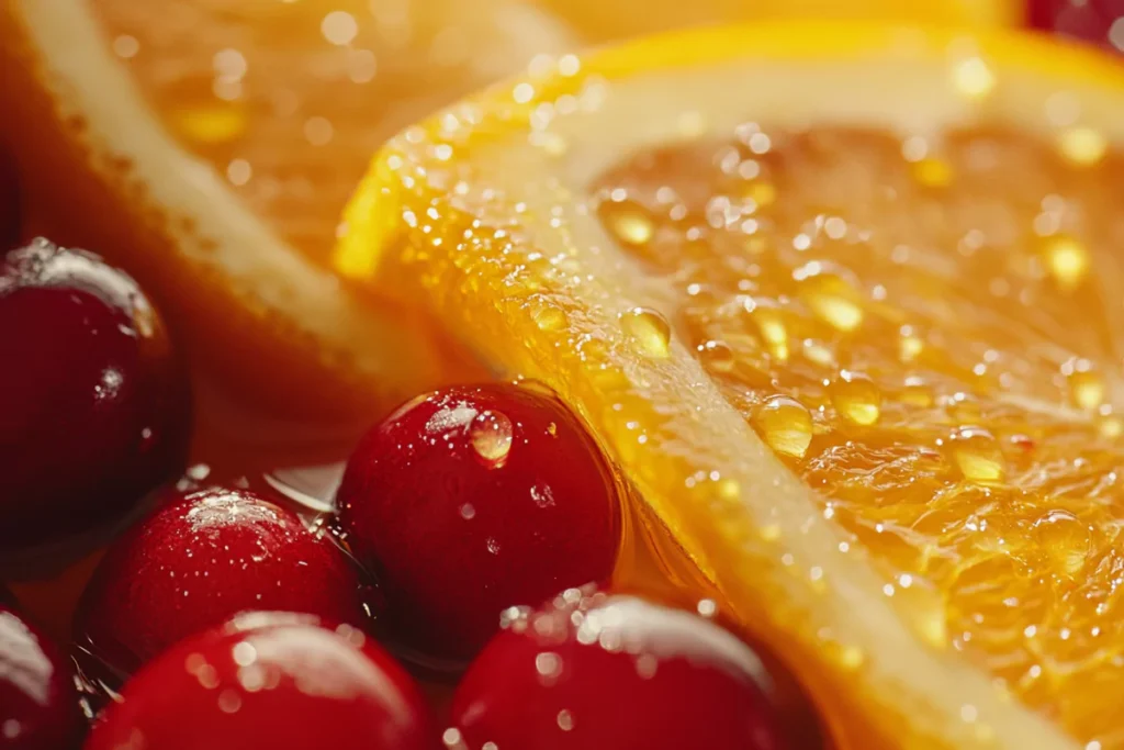 A detailed close-up of fresh cranberries and bright orange slices