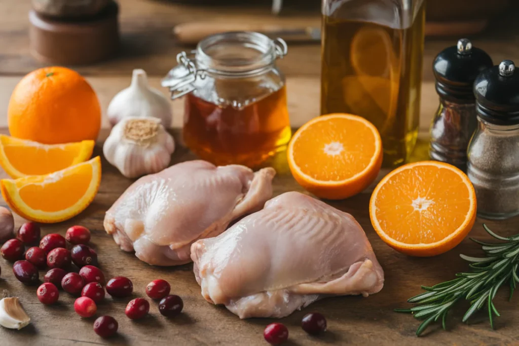 ingredients arranged neatly on a rustic wooden table 
Chicken Thighs, cranberries, orange slices, garlic, honey, rosemary, olive oil , salt and pepper 