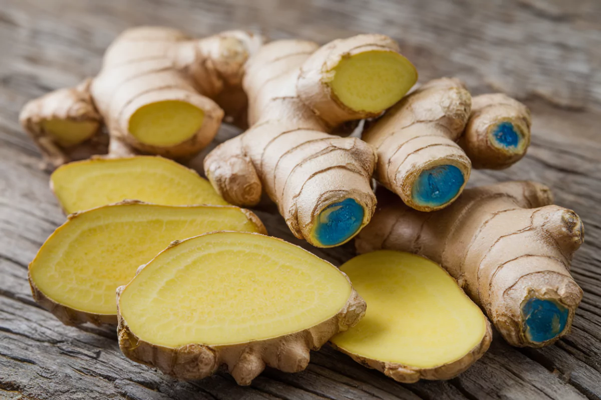 A vibrant close-up of fresh sliced blue ginger rhizomes